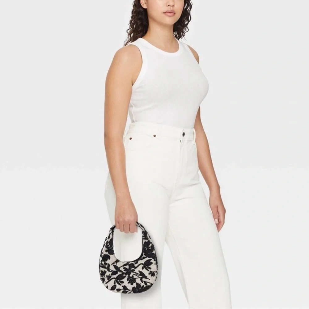a new day Black Ivory Floral Toille Hobo Bag with Modern Beaded Design::NWT::